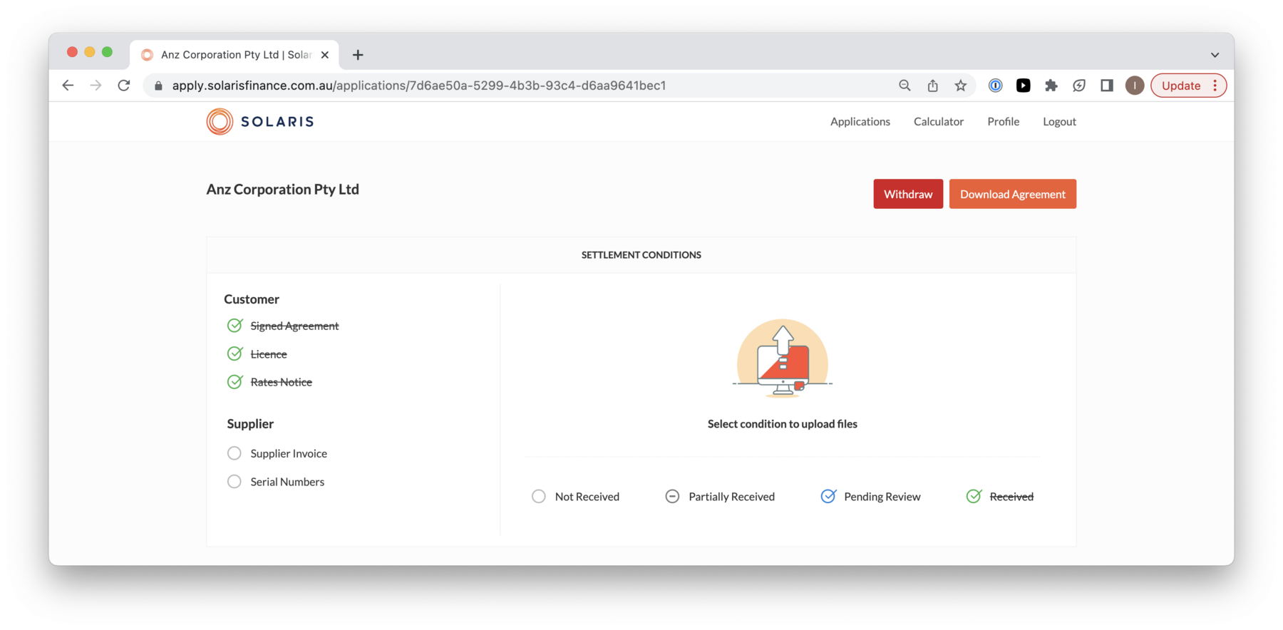A screenshot of the individual view of an application. Specifically a view when all customer conditions have been met.